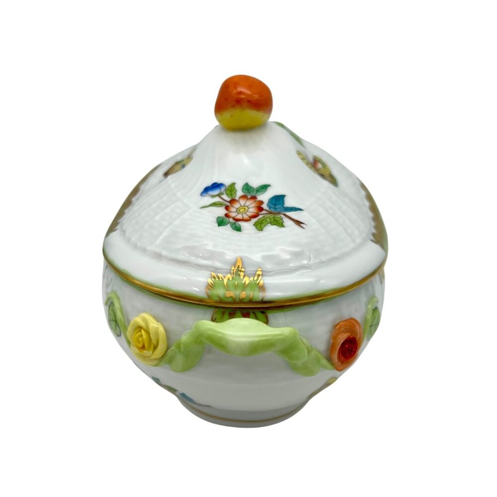 Herend Queen Victoria VBA Sugar Basin Candy Bon Bon Covered Dish Green Border - Picture 3 of 16